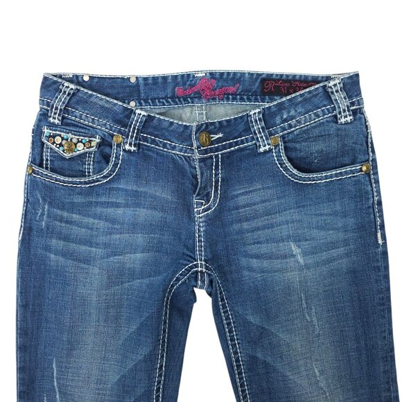 Rock & Roll Cowgirl Boot Cut Jeans READ Womens 31x32.5 Low Rise Distressed Denim - Picture 9 of 16